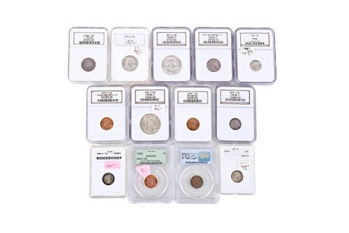 Thirteen Assorted Coins Graded