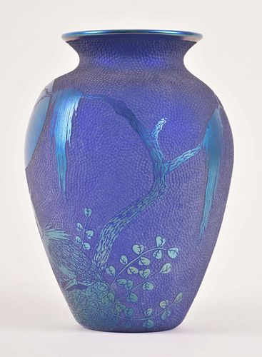 A 20th century cobalt blue Herons art glass vase signed Sturgeon