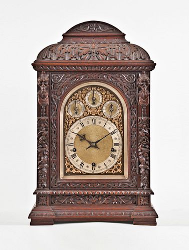 An unusual carved oak chiming bracket clock for the English market by Winterhalder & Hofmeier