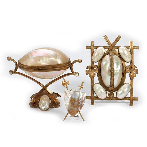 Victorian Shell and Gilt Metal Frame and Decorative Objects