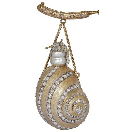 IMPORTANT GOLD, DIAMOND AND BAROQUE PEARL, SNAIL VINAIGRETTE BROOCH