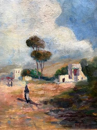Landscape with Figures Northern Africa. oil, canvas, signed