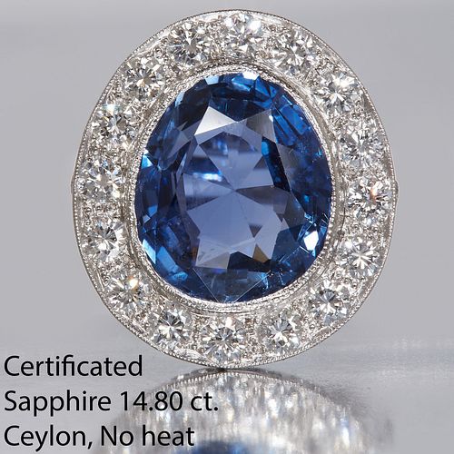 IMPORTANT CERTIFICATED 14.80 CT. CEYLON NO HEAT BLUE SAPPHIRE AND DIAMOND RING