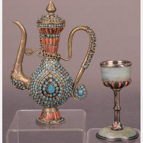 A Silver, Jade, Turquoise and Coral, Stemmed Goblet and Teapot.