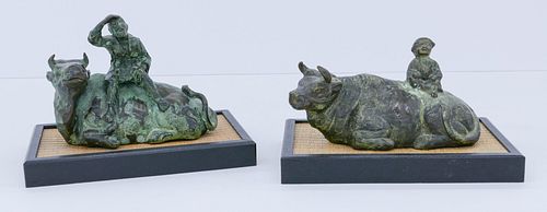 2pc Richard Kirsten ''Reclining Ox'' Bronzes