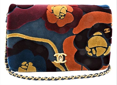 Chanel Velour Brode Flap Bag, navy base with velvet velour flowers, maroon leather interior, original box, receipt and care instruction booklet includ