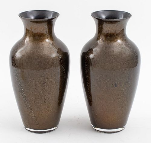 Carlo Moretti Murano Glass Vases w Gold Dust, Pair