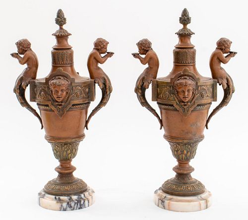 Renaissance Revival Cold-Painted Metal Urns, Pair