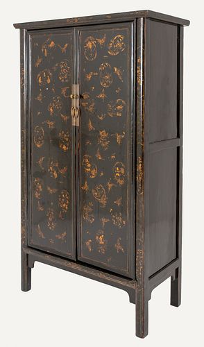 Chinese Black Lacquered Wood Wardrobe