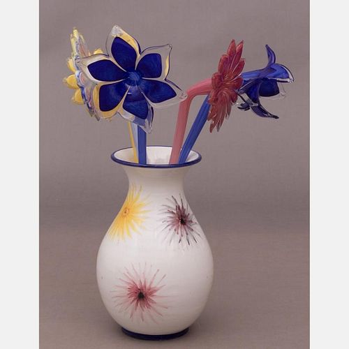 A Group of Murano Glass Flowers in an Earthenware Vase, 20th Century.