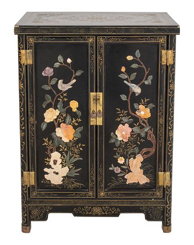 Chinese Black Lacquered Stone Inlaid Cabinet