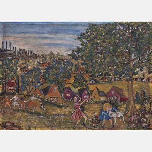 A. Klein (20th Century) Country Village Scene with Figures, Oil on canvas,