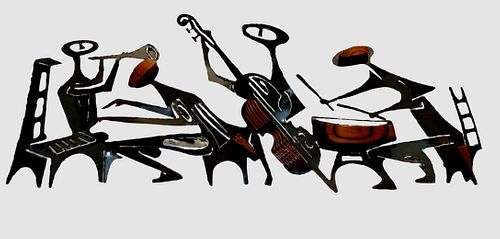 Mid Century WILRONGO Abstract Metal and Wood Wall Hanging of a Jazz Band 
