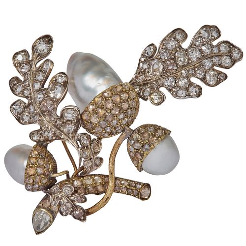 ROYAL GIFT BY KING CHRISTIAN VIII OF DENMARK, IMPORTANT ANTIQUE NATURAL PEARL AND DIAMOND ACORN BROOCH