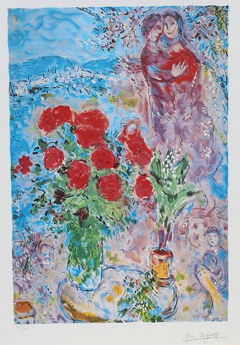 After Marc Chagall "Red Bouquet with Lovers"
