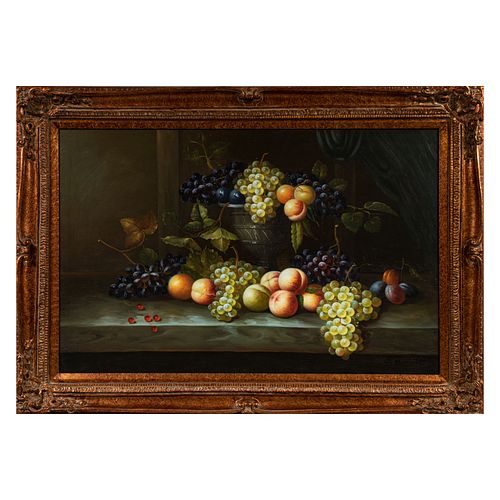 L. BARRET. Bodegón con uvas y duraznos. Firmado. Óleo sobre tela. Enmarcado. 60 x 90 cm.