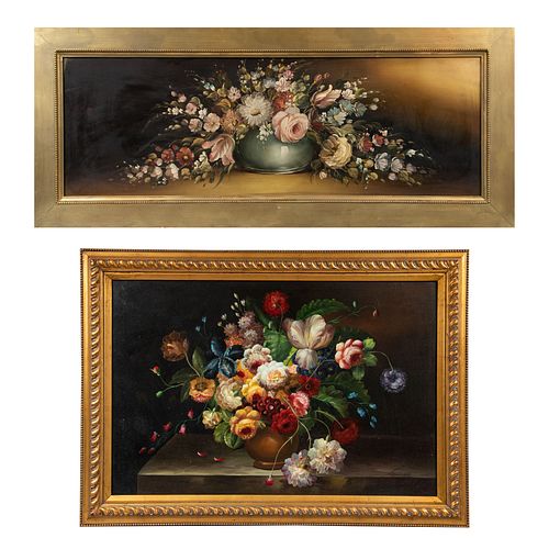 VARIOS ARTISTAS. Bouquets. Uno firmado ARR. Óleos sobre tela y tabla. Enmarcados. 60 x 90 cm y 39 x 118 cm.