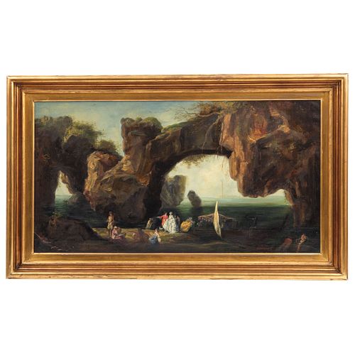 ANÓNIMO Paisaje con rocas y personajes SXIX Óleo sobre tela 54 x 101 cm