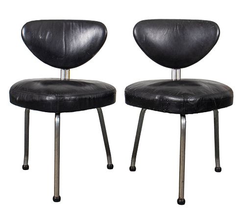Modern Three-Legged Upholstered Side Chairs, Pair