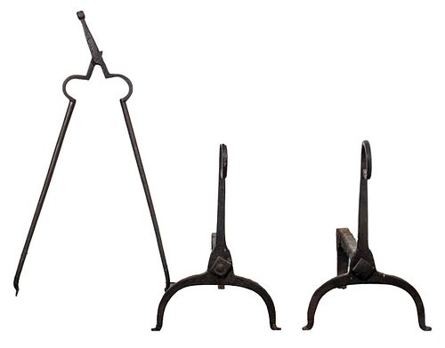Wrought Iron Andirons And Fireplace Tongs
