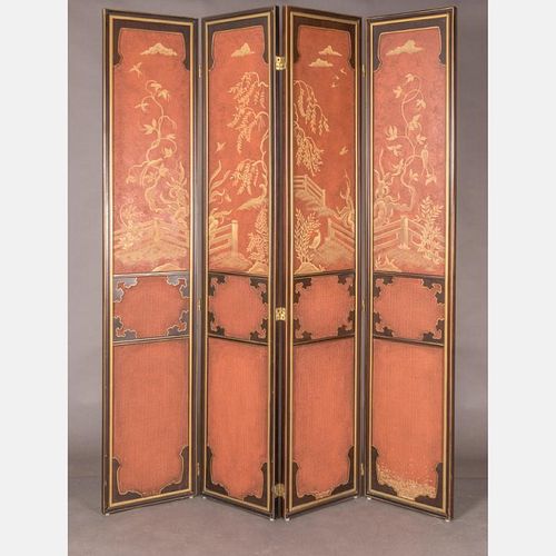 A Chinese Style Painted Lava Walnut Four Panel Floor Screen, ca. 1970s,