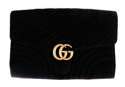 Gucci Black Matelasse Velvet GG Marmont Clutch