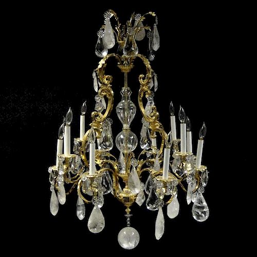 Contemporary Louis XV-style Gilt Bronze, Crystal and Rock Crystal Twelve (12) Light Chandelier.
