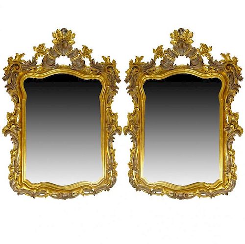 Pair Mid 20th Century Italian Carved and Giltwood Mirrors. Beveled Glass.