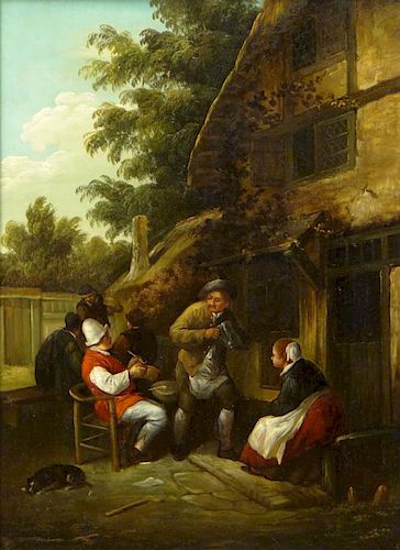 19th Century Dutch Oil on Cradled Oak Panel "Villagers".