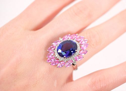 14k WG Tanzanite, Diamond & Pink Sapphire Ring