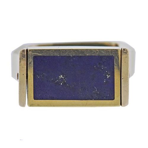 Modernist 1970s 14k Gold Lapis Nephrite Flip Top Ring