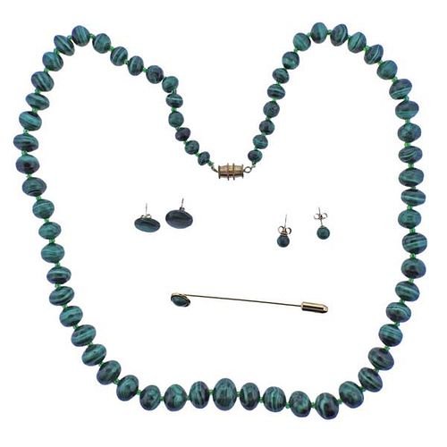 Malachite Necklace Earrings Stick Pin Lot 4pc
