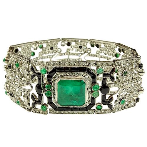 Lady's approx. 8.0 Carat Colombian Emerald, 15.0 Carat Rose and European Cut Diamond and Platinum Bracelet.