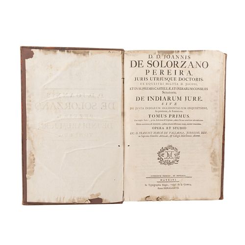 Solórzano Pereira, Joannis de. De Indiarum Jure. Matriti: Typographia Regia, 1777.