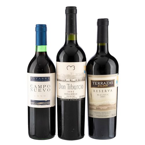 Lote de Vinos Tintos de España y Argentina. Campo Nuveo. Terrazas. Don Tiburcio. En presentaciones de 750 ml. Total de piezas: 3.