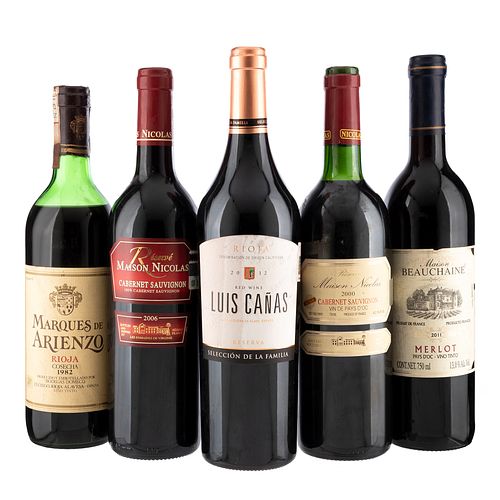 Lote de Vinos Tintos de Francia y España. Luis Cañas. Maison Nicolas. En presentaciones de 750 ml. Total de piezas: 5.
