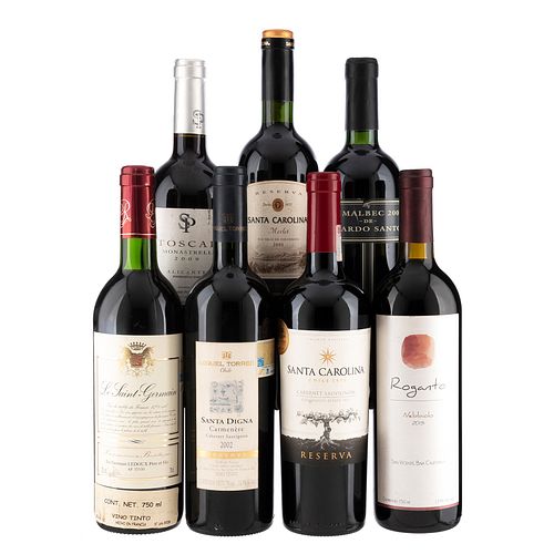 Lote de Vinos Tintos de Argentina, Francia, España y Chile. Toscar Monastrell. En presentaciones de 750 ml. Total de piezas: 7.