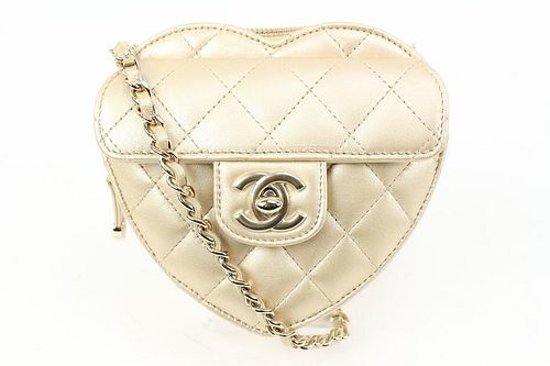 CHANEL GOLD QUILTED LAMBSKIN CC IN LOVE MINI HEART BAG CROSSBODY