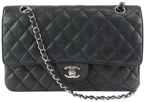 CHANEL BLACK X SILVER QUILTED CAVIAR LEATHER MEDIUM CLASSIC DOUBLE FLAP