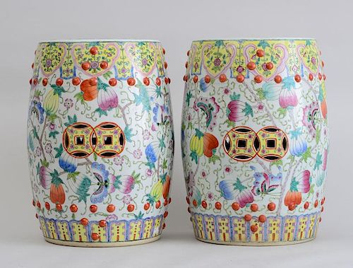 PAIR OF CHINESE FAMILLE ROSE PORCELAIN BARREL-FORM GARDEN STOOLS