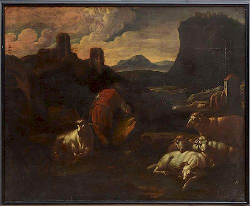 EUROPEAN SCHOOL: FIGURES IN A LANDSCAPE WITH SHEEP