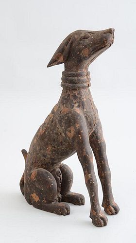 CARVED AND PAINTED WOOD FIGURE OF A SEATED HOUND