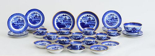 ASSEMBLED SET OF STAFFORDSHIRE BLUE TRANSFER-PRINTED POTTERY TEA ARTICLES, IN THE WILLOW" PATTERN"