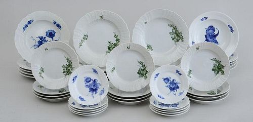 SET OF FOURTEEN ROYAL COPENHAGEN SOUP BOWLS AND TWELVE MATCHING DESSERT PLATES WITH GREEN FLORAL CLUSTERS