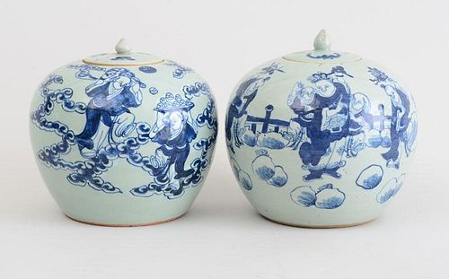 TWO SIMILAR CHINESE CELADON-GLAZED PORCELAIN GINGER JARS AND COVERS
