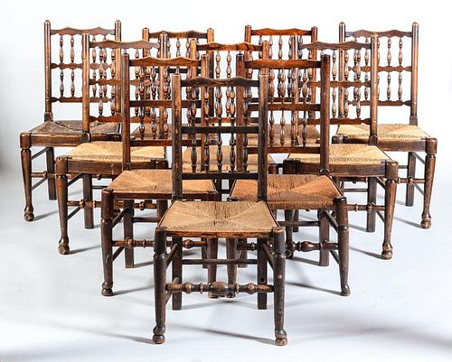 SET OF TEN ASSEMBLED YORKSHIRE ELM SPINDLE-BACK DINING CHAIRS