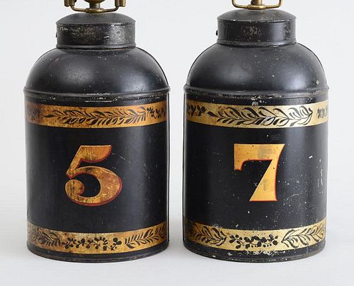 PAIR OF CHINESE EXPORT TÔLE PEINTE TEA CANISTERS, MOUNTED AS LAMPS