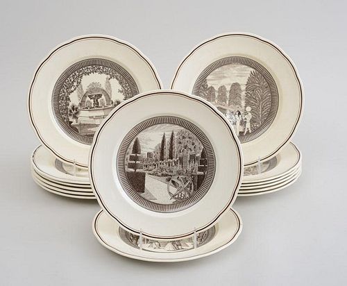 SET OF FOURTEEN WEDGWOOD TRANSFER-PRINTED TOPOGRAPHICAL PLATES, TYPES OF GARDENS THROUGH THE AGES