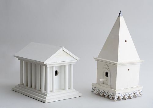 TWO WHITE PAINTED BIRDHOUSES, DESIGNED BY FERN LETNES AND HENRY BAKER, FOR LADY SLIPPER DESIGNS