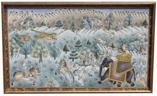 Antique Persian Tiger Hunt Scene Painting